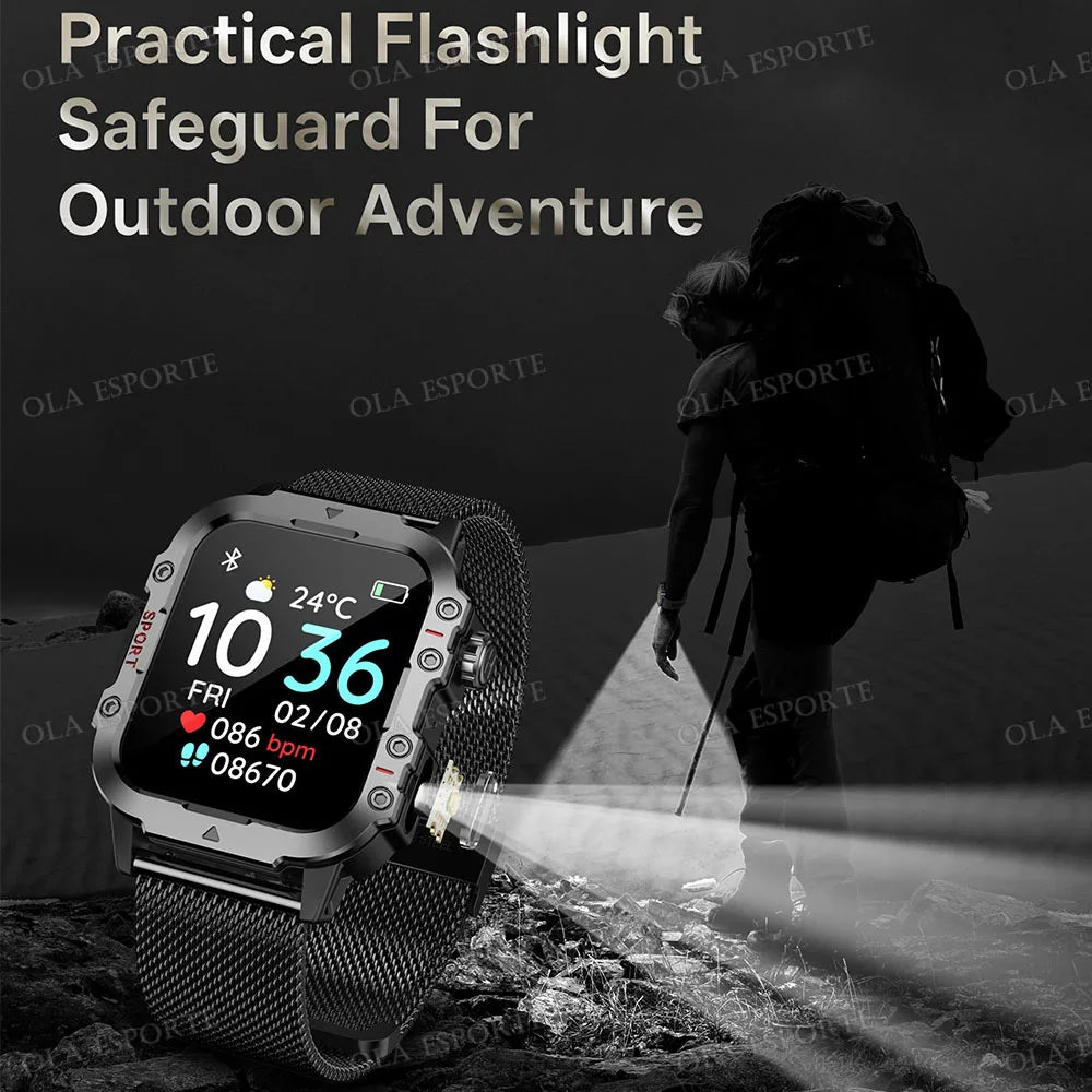 New Flashlight Military Smart Watch Men IP68 5ATM Outdoor Sports Fitness Tracker Health Monitor 1.44Inch BT Call Smartwatch HT30