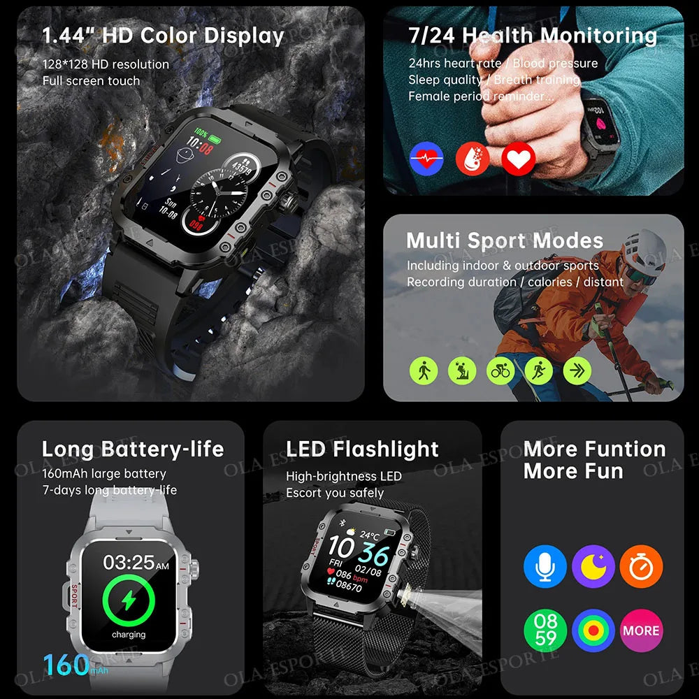 New Flashlight Military Smart Watch Men IP68 5ATM Outdoor Sports Fitness Tracker Health Monitor 1.44Inch BT Call Smartwatch HT30